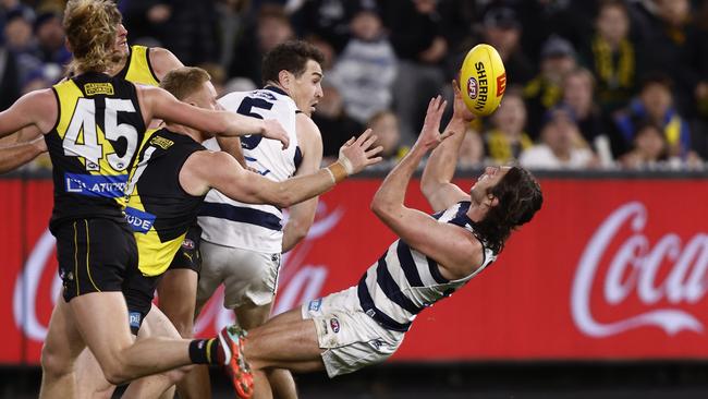 Henry was swung forward late against Richmond in 2022, kicking the winning goal. (Photo by Darrian Traynor/Getty Images)