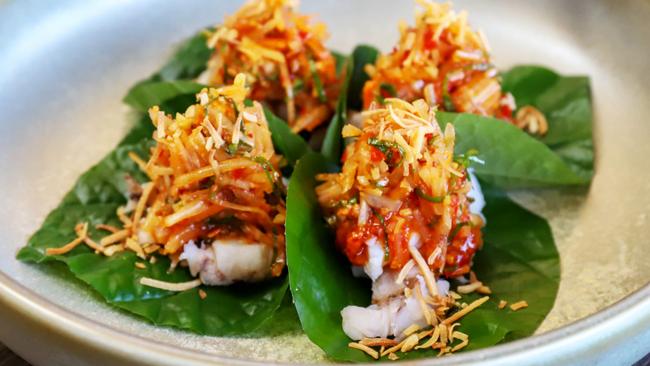 Muum Maam’s Moreton Bay Bug betel leaf with peanuts, chilli, lime and toasted coconut. Picture: Jenifer Jagielski