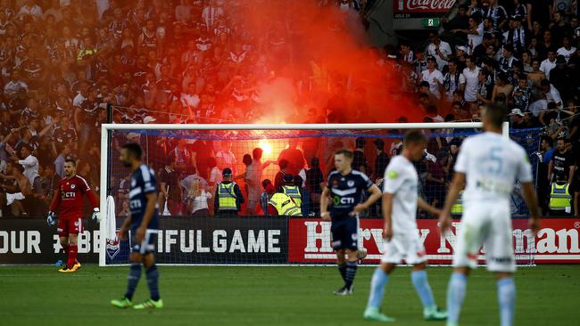 A- League Soccer - Melbourne City V Melbourne Victory at AAMI Park, A flare after a Victory goal. Sat 13 Feb 2016 Picture: Colleen Petch.