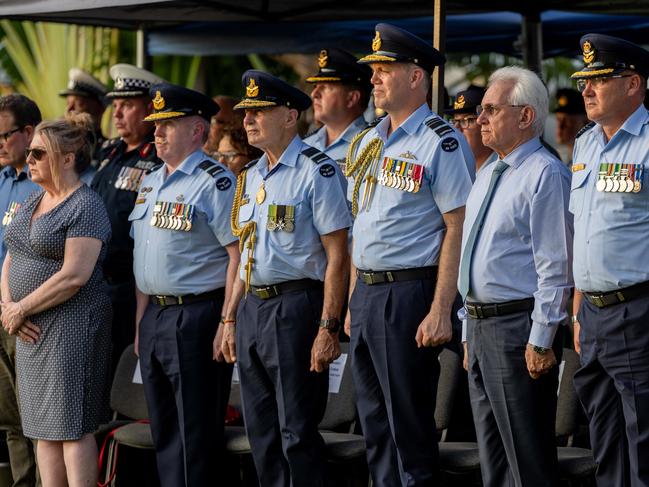 Unveiling of two new memorials at the RAAF base in Darwin to remember the seven fallen aviators who lost their lives in the bombing of Darwin 83 years ago. Picture: Pema Tamang Pakhrin