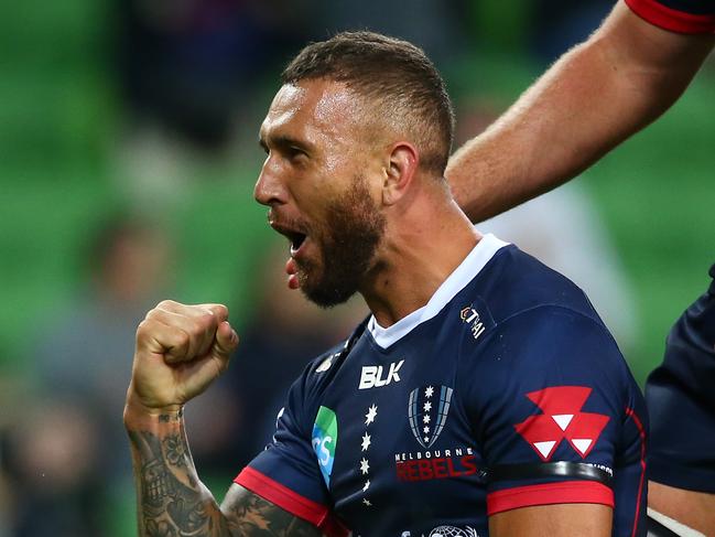 MELBOURNE, AUSTRALIA - APRIL 06: Quade Cooper of the Rebels celebrates after scoring a try during the round eight Super Rugby match between the Rebels and the Sunwolves at AAMI Park on April 06, 2019 in Melbourne, Australia. (Photo by Mike Owen/Getty Images for SUNWOLVES)