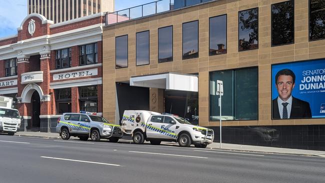 Police cars parked outside of Hobart Corporate Centre on Friday, March 10 after a reported break-in. Picture: Hayden Cornes