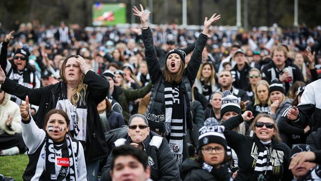 Live Site … Collingwood supporters gather at the Collingwood club to watch the game. The wild emotional ride came to a very sad end for these fans. Picture- Nicole Cleary