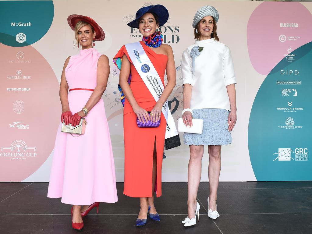 Tara Mathuranayagam, Frock of the Day Winner: Layce Renee Vocale, and Cass Pisarskis at Fashions on the Field at Geelong Cup. Picture: David Smith