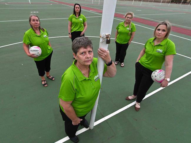 30/09/2020: (front) Gail Lyne, (L-R rear) Julie Haines , Nicole Virtue,  Leisa Donlan and Amanda Price members of Ipswich Netball, at their facility in Ipswich, west of Brisbane. The local netball association that has been at the center of an extensive fight with Netball Queensland this year. Pic Lyndon Mechielsen