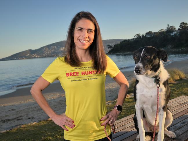 Bree Hunter is running for Clarence City Council with her running mate Jen the dog. Picture: Kenji Sato