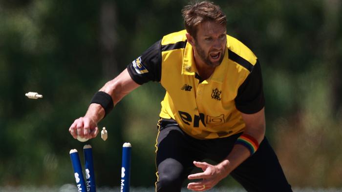 SYDNEY, AUSTRALIA - FEBRUARY 25: Andrew Tye of Western Australia runs out Matthew Gilkes of the Blues during the March One Day Cup Final match between New South Wales Blues and Western Australia at Cricket Central on February 25, 2024 in Sydney, Australia. (Photo by Jason McCawley/Getty Images)