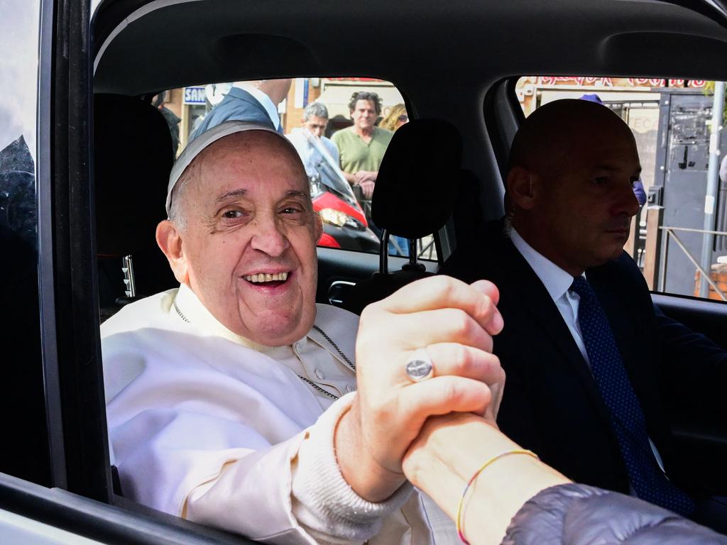 Pope Francis leaves the Gemelli hospital on April 1, 2023 in Rome, after being discharged following treatment for bronchitis. Picture: AFP
