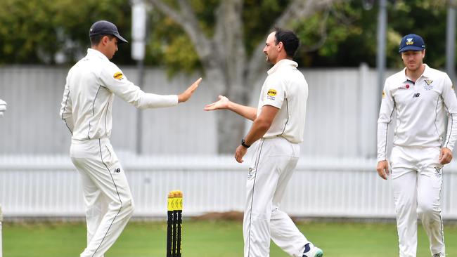 Valley players celebrate a wicket Valley V West first grade cricket. Saturday November 11, 2023. Picture, John Gass