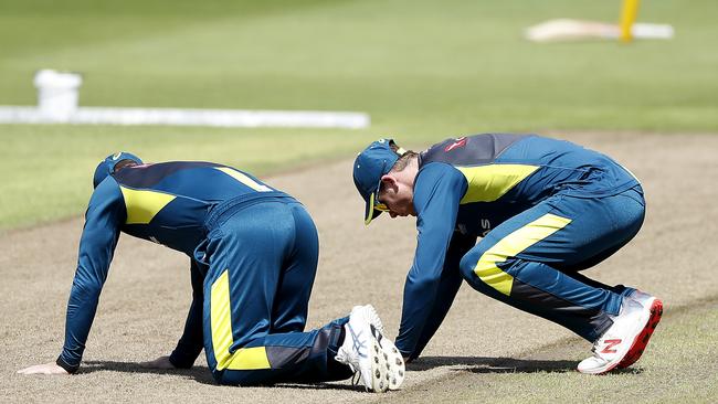 David Warner and Steve Smith inspect the Edgbaston pitch ahead of the first Ashes Test. Picture: Ryan Pierse/Getty Images