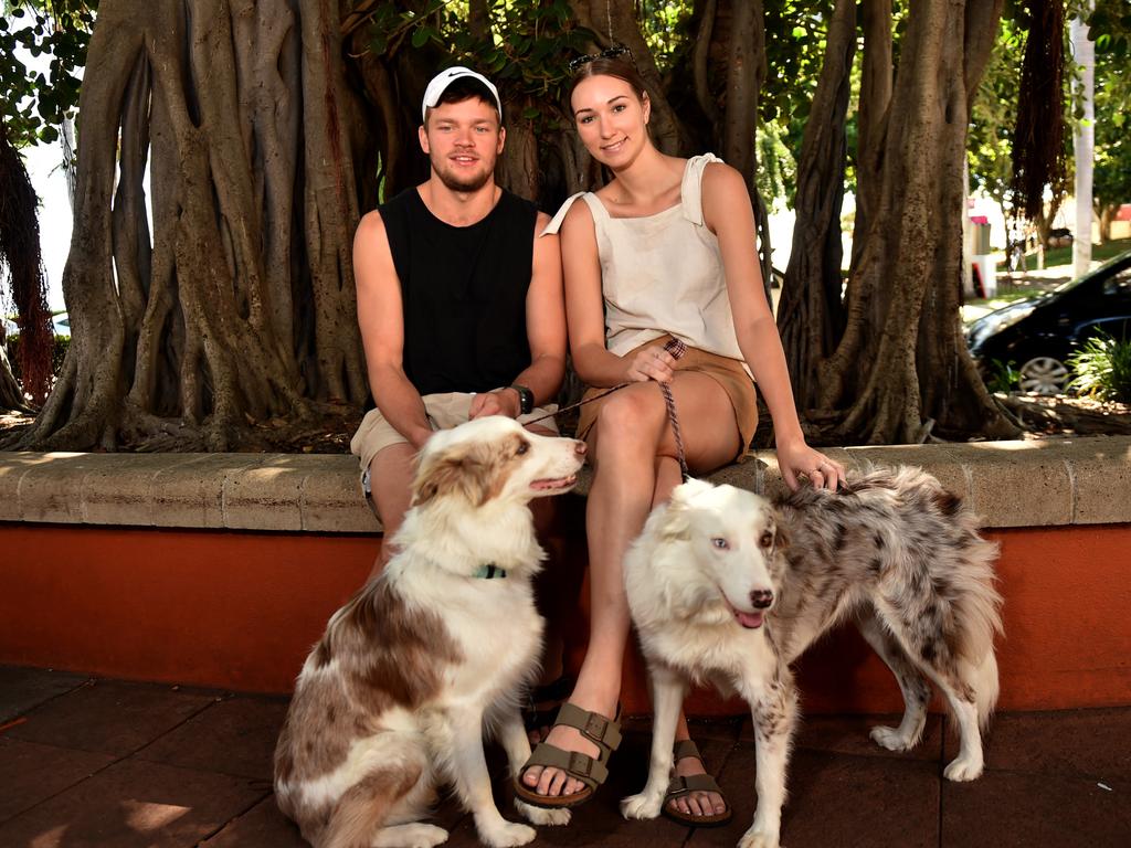 Townsville residents relaxing on the Strand after the relaxation of COVID-19 restrictions. Bryden Robinson and Lauren Wright with Drake and Luna from Mt Louisa. Picture: Evan Morgan