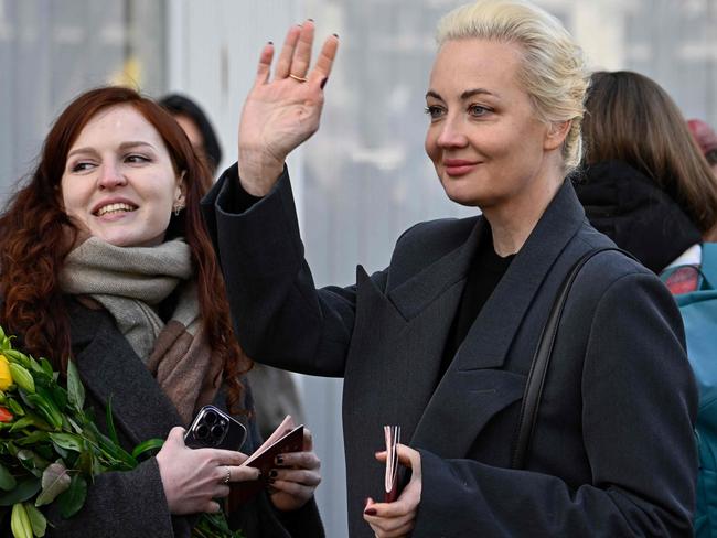 Yulia Navalnaya lined up to vote at the Russian embassy in Berlin. Picture: AFP