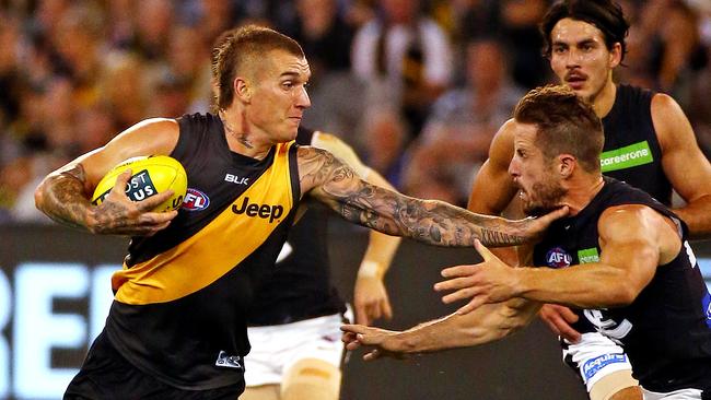 Dustin Martin’s Richmond is a 1 per cent chance of making finals, according to Champion Data. Picture: George Salpigtidis