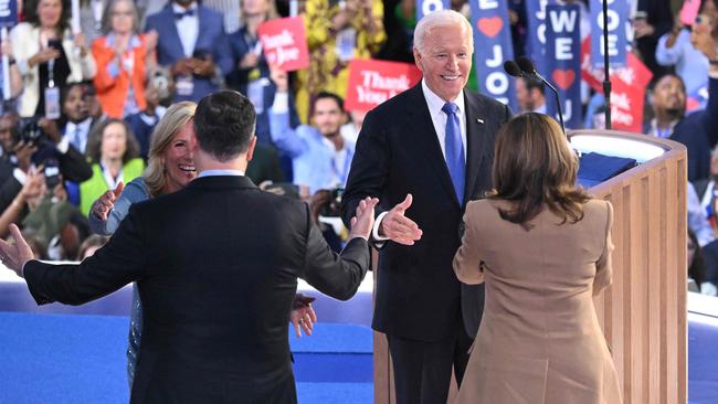 Kamala Harris comes out on stage to greet Joe Biden. Picture: Saul Loeb/AFP