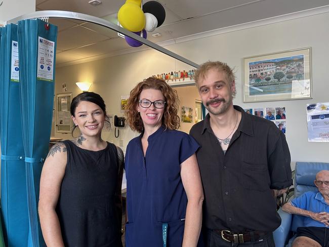 Mater Private Hospital Rockhampton's Louise Lommerse (middle) with Thieves and Beggars barber shop owners Kara Morgan and Evan Treacy who gave patients haircuts.