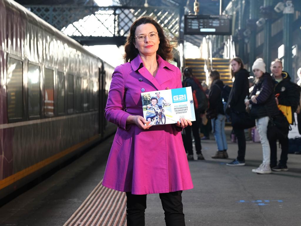 G21 CEO Giulia Baggio hold its transport strategy at Geelong station. Picture: Mark Wilson