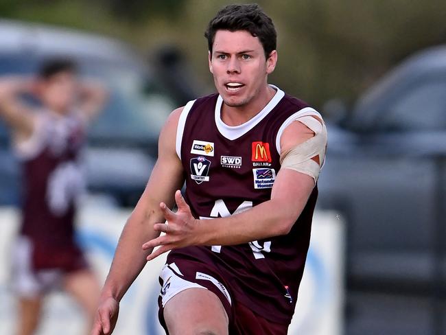 MeltonÃs Lachlan Watkins during the BFL football match between Melton and Bacchus Marsh in Toolern Vale, Saturday, July 9, 2022. Picture: Andy Brownbill