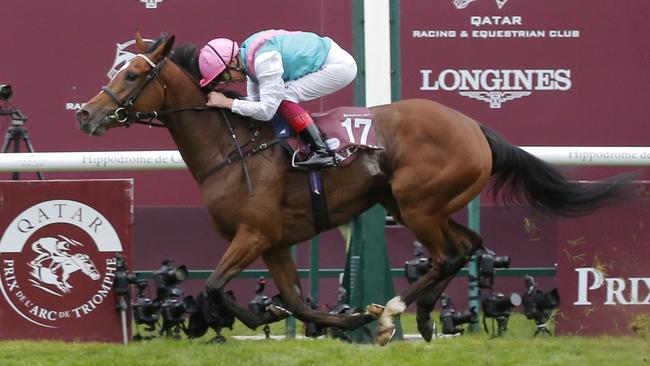 Italian Frankie Dettori wins the Prix de l'Arc de Triomphe at the Chantilly on Enable. Picture: AP