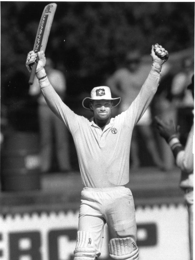 Dean Jones celebrates hitting two centuries in two innings in the Australia vs Pakistan second Test at Adelaide Oval in 1990.