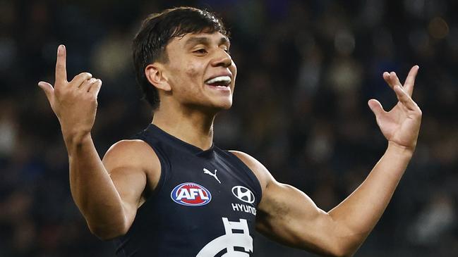 MELBOURNE, AUSTRALIA - JULY 15: Jesse Motlop of the Blues celebrates kicking a goal during the round 18 AFL match between Carlton Blues and Port Adelaide Power at Marvel Stadium, on July 15, 2023, in Melbourne, Australia. (Photo by Daniel Pockett/Getty Images)