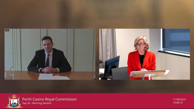 Crown Resorts CFO Alan McGregor, left, gives evidence at the WA royal commission into Crown Resorts to counsel assisting the commission Patricia Cahill SC on Wednesday.