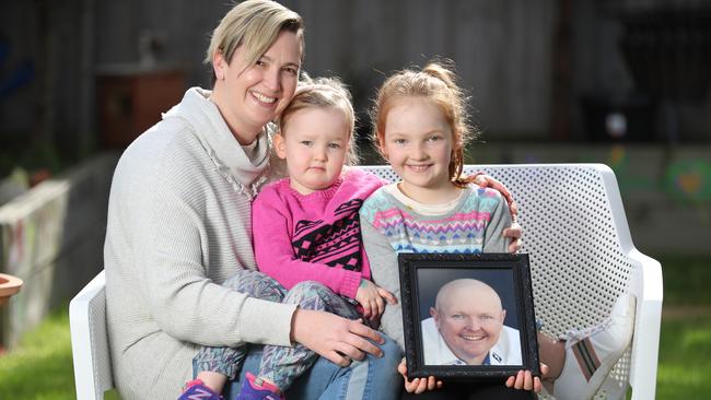 Briony Lyle with daughters Lusi, now, 7, and Jemma, 3, a year on from Jarrod’s death. Picture: Alex Coppel