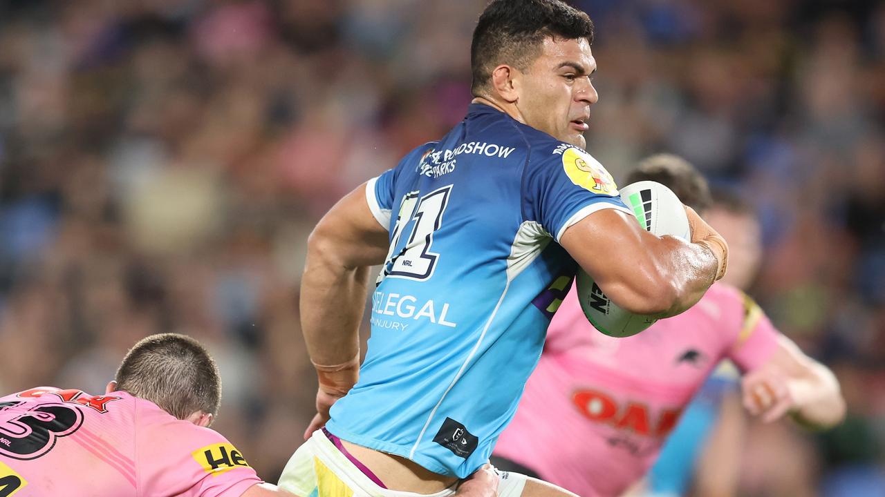 GOLD COAST, AUSTRALIA - APRIL 29: David Fifita of the Titans runs the ball during the round 8 NRL match between the Titans and the Panthers at Cbus Super Stadium, on April 29, 2022, in Gold Coast, Australia. (Photo by Chris Hyde/Getty Images)
