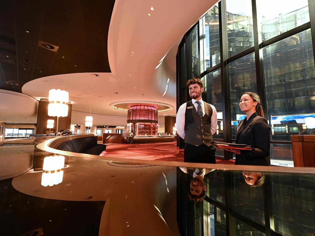 Staff Jack Simonson and Aliesha Meagher in the completed Cherry Bar at Queen’s Wharf in Brisbane. Picture: Lyndon Mechielsen