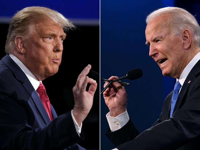 (FILES) This file combination of pictures created on October 22, 2020 shows US President Donald Trump (L) and Democratic Presidential candidate and former US Vice President Joe Biden during the final presidential debate at Belmont University in Nashville, Tennessee, on October 22, 2020. - Covid and a traumatic presidential election left the US reeling in 2020, but even with Donald Trump gone and Joe Biden promising to heal the nation there'll be no quick return to normal in 2021. For many in the world's richest country, 2020 was the year that seemed never-ending -- an infinite series of horror movie sequels shaking the economy, politics and society itself. (Photos by Brendan Smialowski and JIM WATSON / AFP)