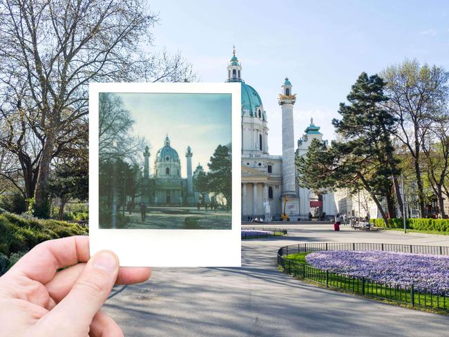 A Polaroid snap of St Charles Church in Vienna, Austria.