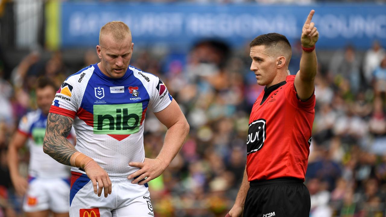 Mitch Barnett gets his marching orders after a late hit on Penrith’s Chris Smith. Picture: NRL Imagery