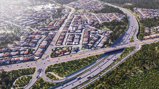 Artist's impression of the Coomera Connector interchange at Foxwell Rd in Coomera.