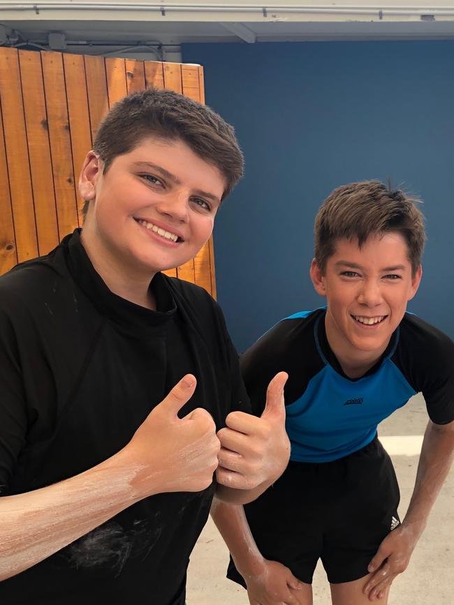 Harrison Kirk on his 14th birthday on December 15, 2019, at Manly Pool with his bestie Jonah Waterson.