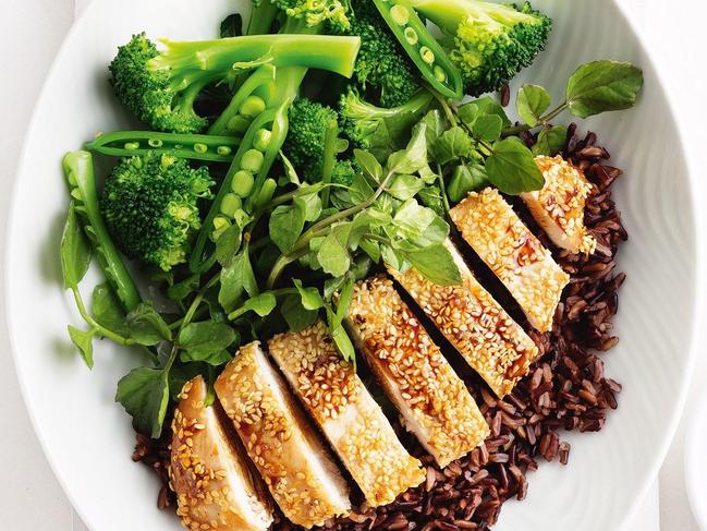 Sesame chicken with black rice, sugar snaps and broccolini.