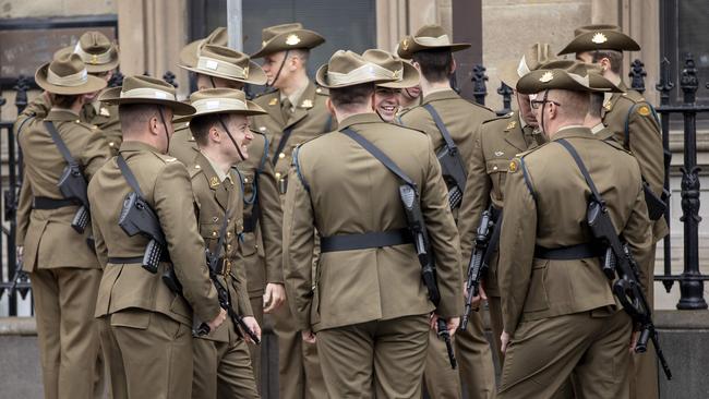 Marchers make their way to the Hobart Cenotaph on Anzac Day, 2022.