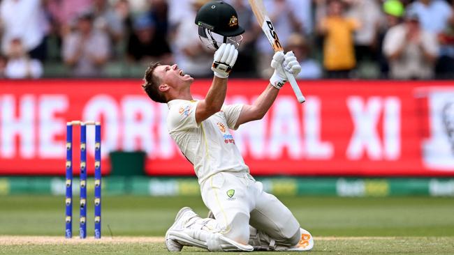 David Warner celebrates reaching his double century on a gruelling day. Picture: AFP