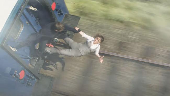 Hanging off trains is just another Tuesday. Picture: Paramount/YouTube