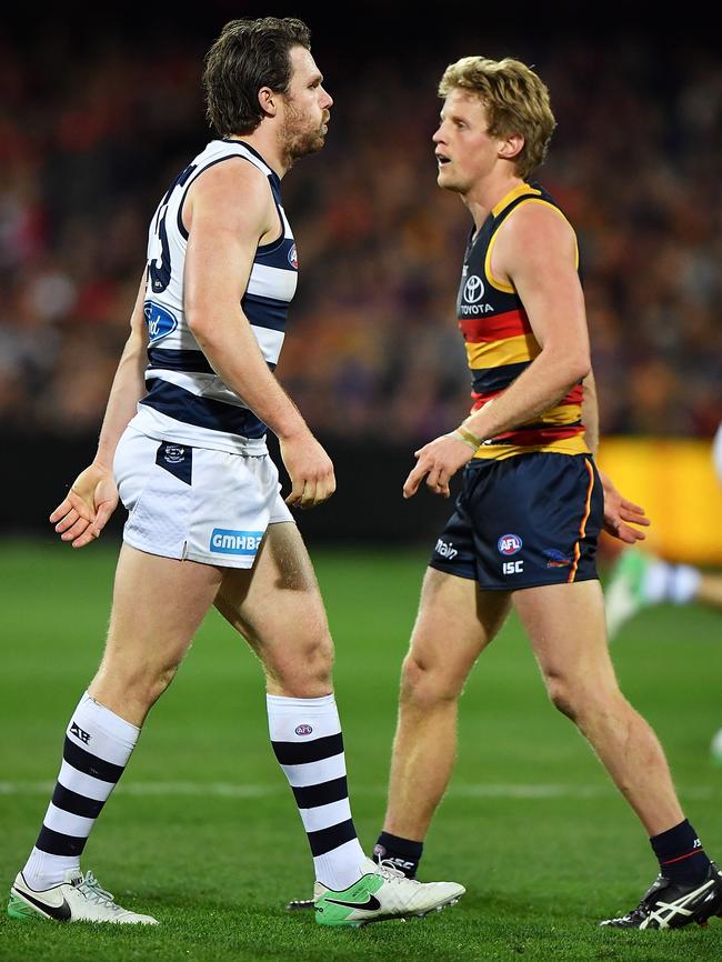 Former Patrick Dangerfield and Rory Sloane come face to face last year. Picture: Daniel Kalisz/Getty Images