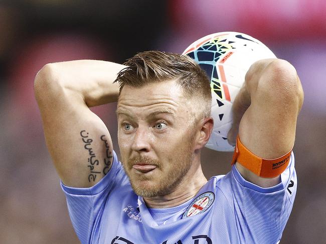 MELBOURNE, AUSTRALIA - OCTOBER 12: Scott Jamieson of Melbourne City throws the ball in during the round one A-League match between the Melbourne Victory and Melbourne City at Marvel Stadium on October 12, 2019 in Melbourne, Australia. (Photo by Daniel Pockett/Getty Images)