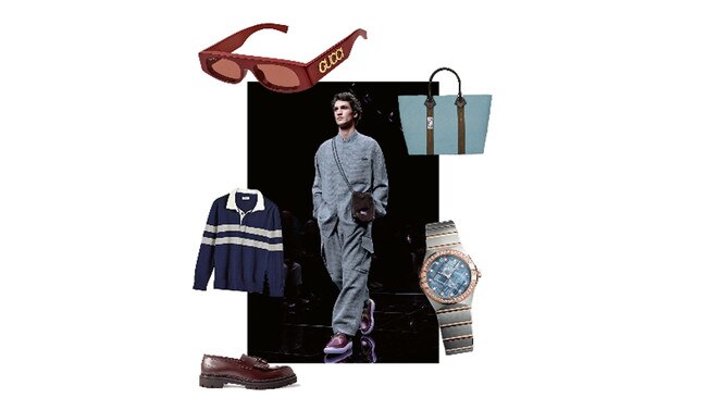 Main picture: Giorgio Armani menswear autumn/winter ’24; Mr P Jacques fringed tassellated loafers, $571, from Mr Porter; Omega Constellation 28mm, $19,500; Gucci sunglasses, $855; Haulier large utility tote, $625; MJ Bale Hooper Knit rugby top, $229.