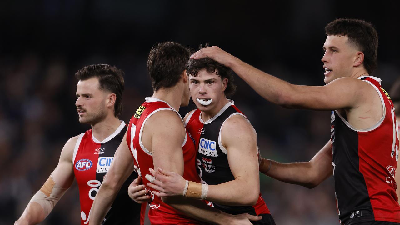 MELBOURNE, AUSTRALIA - AUGUST 17: Darcy Wilson of the Saints celebrates a goal during the round 23 AFL match between St Kilda Saints and Geelong Cats at Marvel Stadium, on August 17, 2024, in Melbourne, Australia. (Photo by Darrian Traynor/Getty Images via AFL Photos)