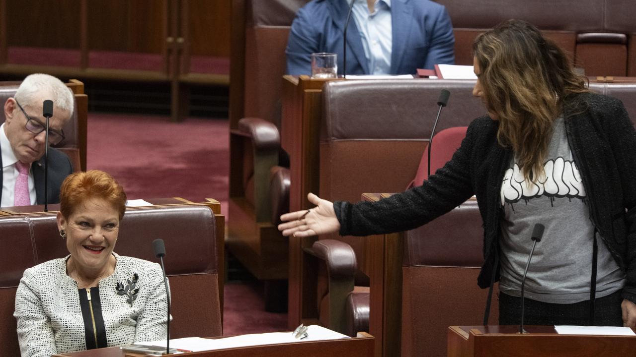 Senator Thorpe gestured towards Pauline Hanson as she said: “I am here to rattle the cages, to destroy the white supremacy that is represented in this place”. Picture: NCA NewsWire / Martin Ollman