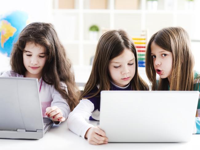 Elementary school pupils using computers in classroom