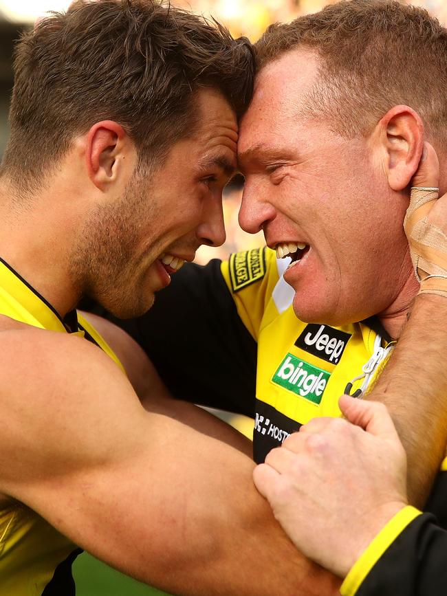 Alex Rance celebrates with Justin Leppitsch. Picture: Getty Images