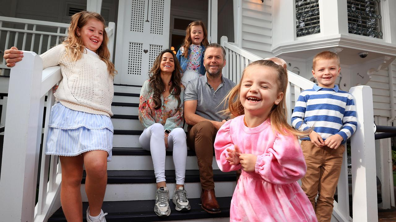 Joey Dean of Eschelon Property, with his wife, Phoebe, and their kids, Audrey, 9, Albert, 7, Vivian, 6 and Peggy, 3, at their house in New Farm, where house prices grew another 7.6 per cent during the June quarter. Picture: Adam Head.