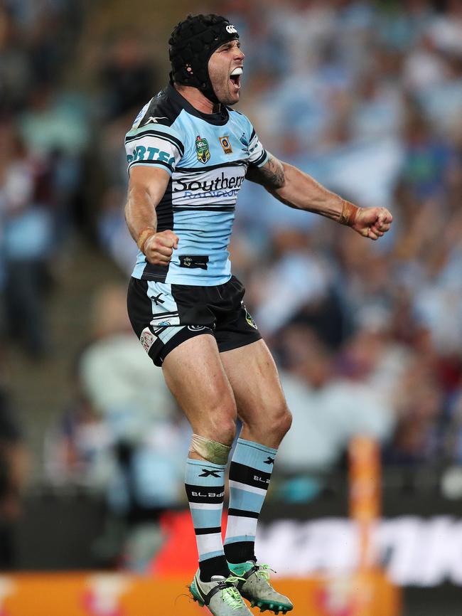 Shark's Michael Ennis celebrates the matchwinning try. Picture: Brett Costello