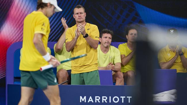 Lleyton Hewitt coaching from the United Cup team box at Ken Rosewall Arena. Photo by Brett Hemmings/Getty Images.