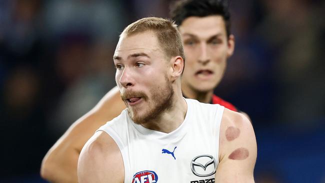 Ben McKay of the Kangaroos in action during the 2023 AFL Round 12 match between the Essendon Bombers and the North Melbourne Kangaroos at Marvel Stadium on June 4, 2023 in Melbourne, Australia. (Photo by Michael Willson/AFL Photos via Getty Images)