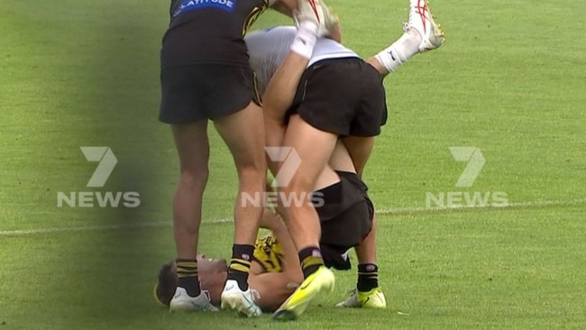 Rhyan Mansell tussles with a teammate on Monday. Photo credit: Channel 7.