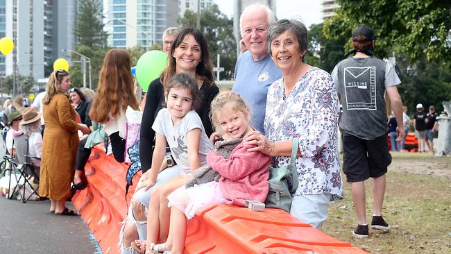 Lyndsey Fairhurst, left, Brooklyn, Bowie, grandfather Keith Fairhurst and wife Dianne at Coolangatta. Picture: Richard Gosling